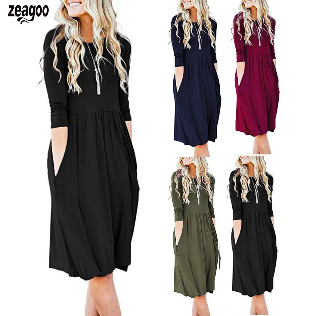 

Women Long Sleeve Dress Elastic Waist Knee Length Pleated Autumn, Winter Casual Solid Dress Daily with Pocket