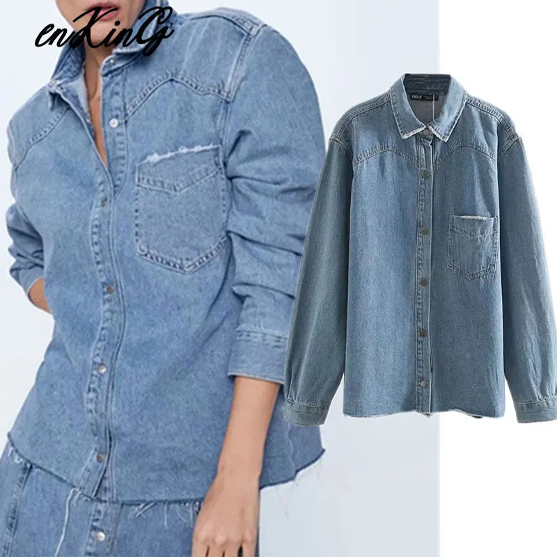 Английская винтажная Высокая уличная Женская Джинсовая блузка za blusas mujer de moda джинсовая рубашка женские Топы Блузка размера плюс