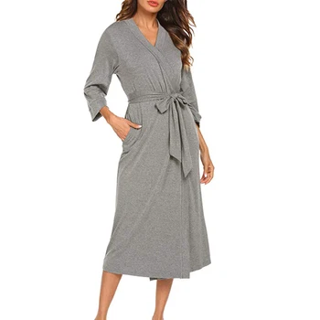 

Casual With Belt Home Sexy Women Night Gown Soft Solid Everyday 3/4 Sleeves Cotton Blend V Neck Midi Loose Elegant
