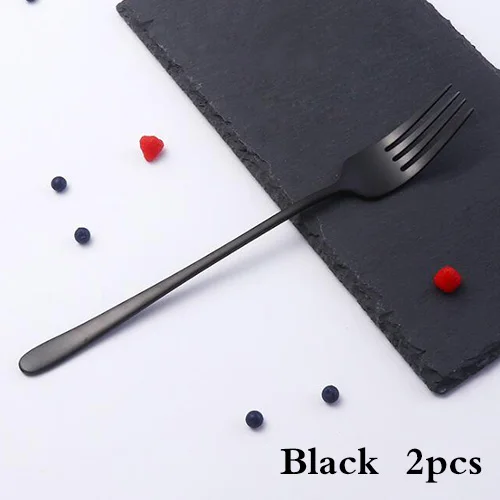 Black 2pcs Корейская вилка для ужина из нержавеющей стали, яркая зеркальная полировка, с длинной ручкой, Десертная Вилка для десерта, салата, посуда - Цвет: Black 2pcs