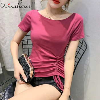 

Summer Korean Clothes Fashion Sexy Slash Neck Drape Lace Up T-shirt Women Tops Ropa Mujer Bottoming Shirt All Match Tees T07409