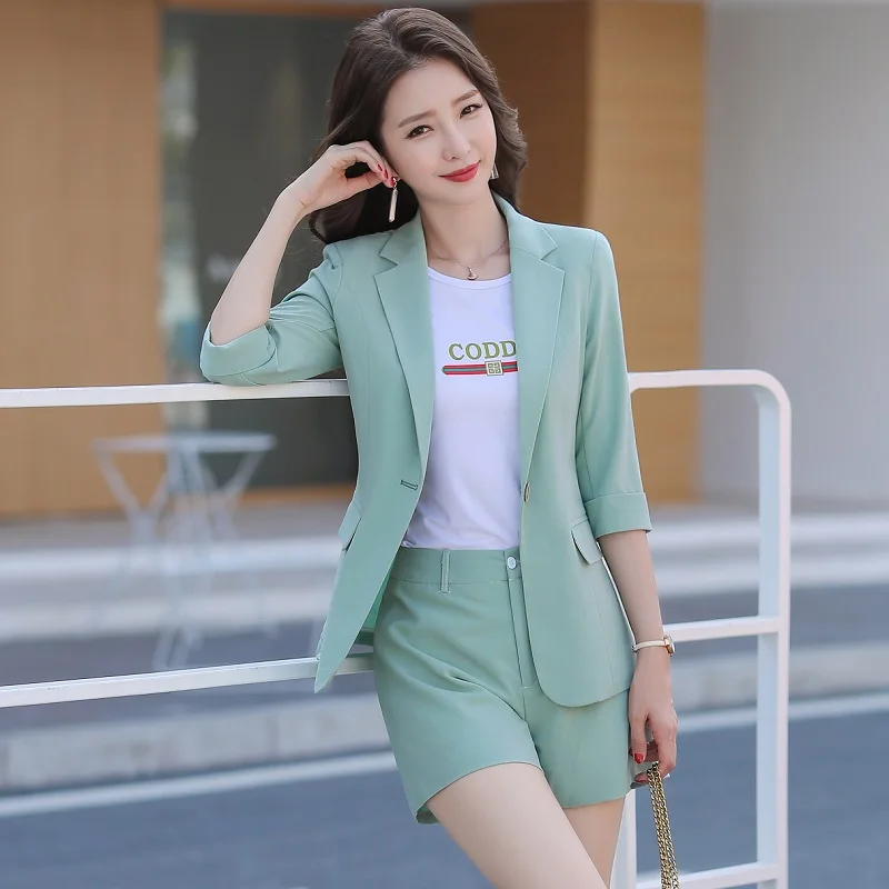 

summer Slim Solid color thin Half sleeve blazers jacket shorts 2-piece set OL Formal Women pants suits Woman set suits 88212