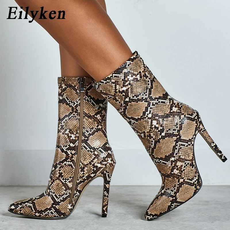 

Eilyken zipper Women Boots Snake Print Ankle Boots High heels Fashion Pointed toe Ladies Sexy shoes 2019 New Chelsea Boots