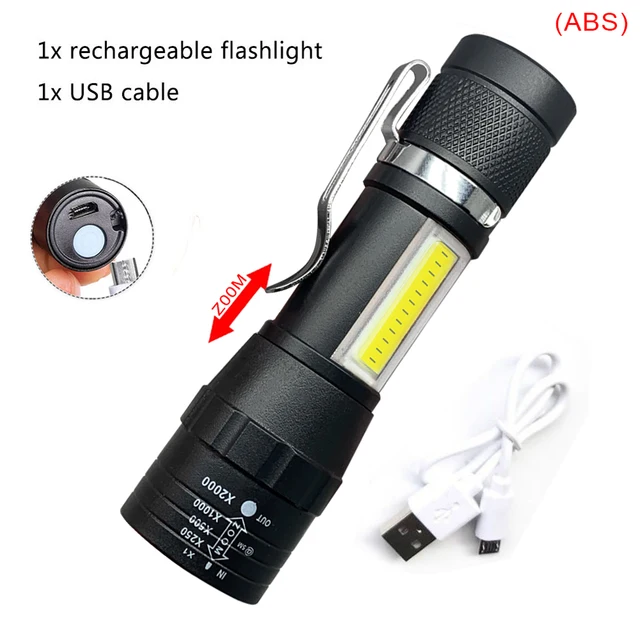 Built In Battery Q5 Portable Mini Led Flashlight Zoom Torch COB Lamp 2000 Lumens Adjustable Penlight Waterproof for Outdoor package H