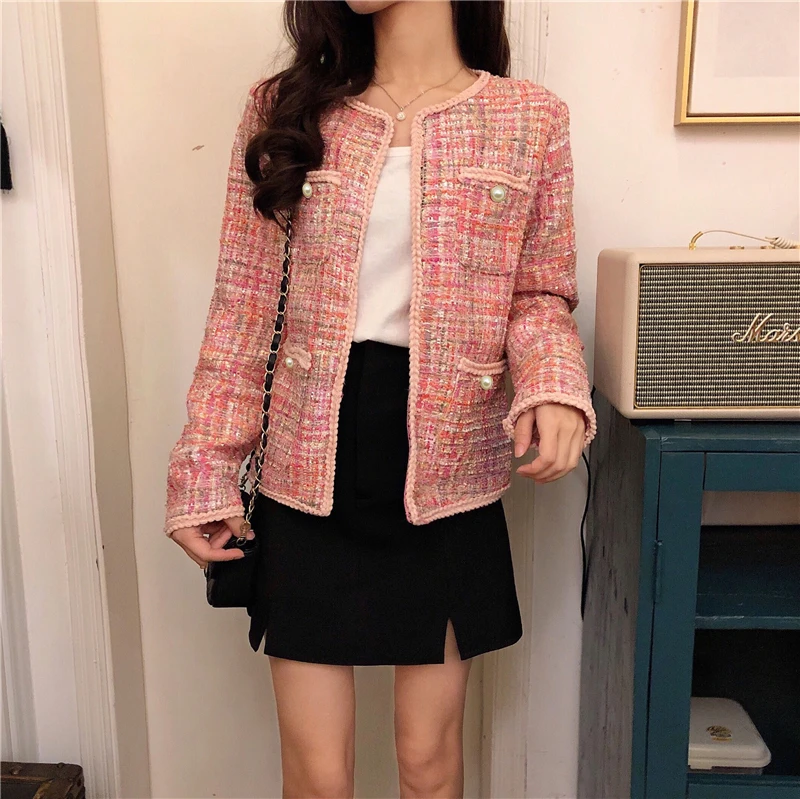 Розовые женские куртки пальто из твида Sequined ткани весна / осень / зима новой шерсти классические женские куртки шерстяное пальто