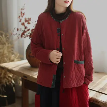 

Autumn And Winter New Corduroy Short Jacket Women's Literature Retro Patch Diamond Lattice Loose Versatile Thin Cotton Coat Y426