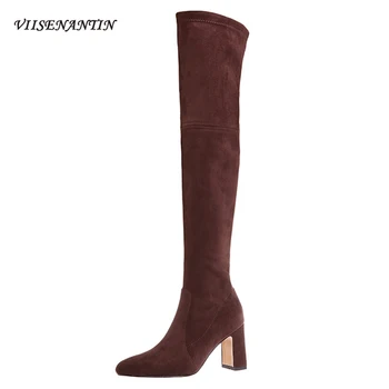 

2020 Autumn Winter New Korean Brown Over-the-knee Stretch Boots Women's All-match Pointed Toe High Thick Heel Gray Leather Shoes