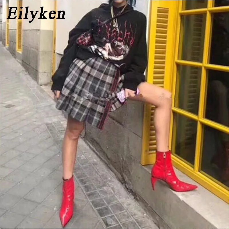 Eilyken/Новинка года; зимние ботинки из лакированной кожи; ботильоны на молнии; женские ботинки с острым носком на высоком каблуке; Botines