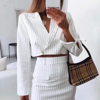 

Fashion White Striped Women Blazer Suits Long Sleeve Blazer Mini Skirt Set Office Ladies Party Two-Piece Blazer Sets 2020
