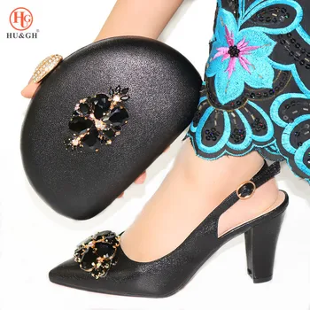 

Black Color African Shoe and Matching Bag for Nigeria Party African Party Italian Crystals Shoes and Bag Set for Women Wedding
