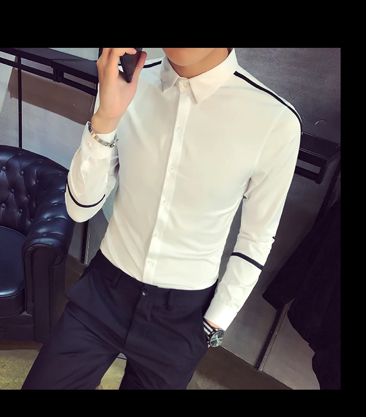 Mens Long Sleeve Shirts Men Slim Fit Shirt Ribbon Designer Dress Shirt Boys White Shirt 2020 5