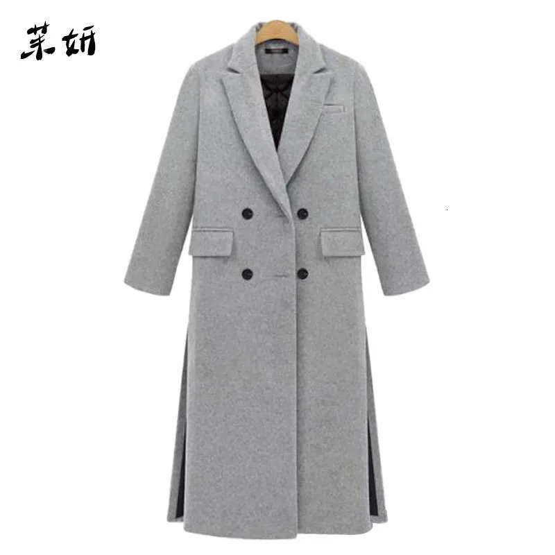 

New British 2019 Spring / Winter Women Simple Grey White Woolen Cashmere Long Coat Maxi Female Overcoat Casacos Manteau Femme