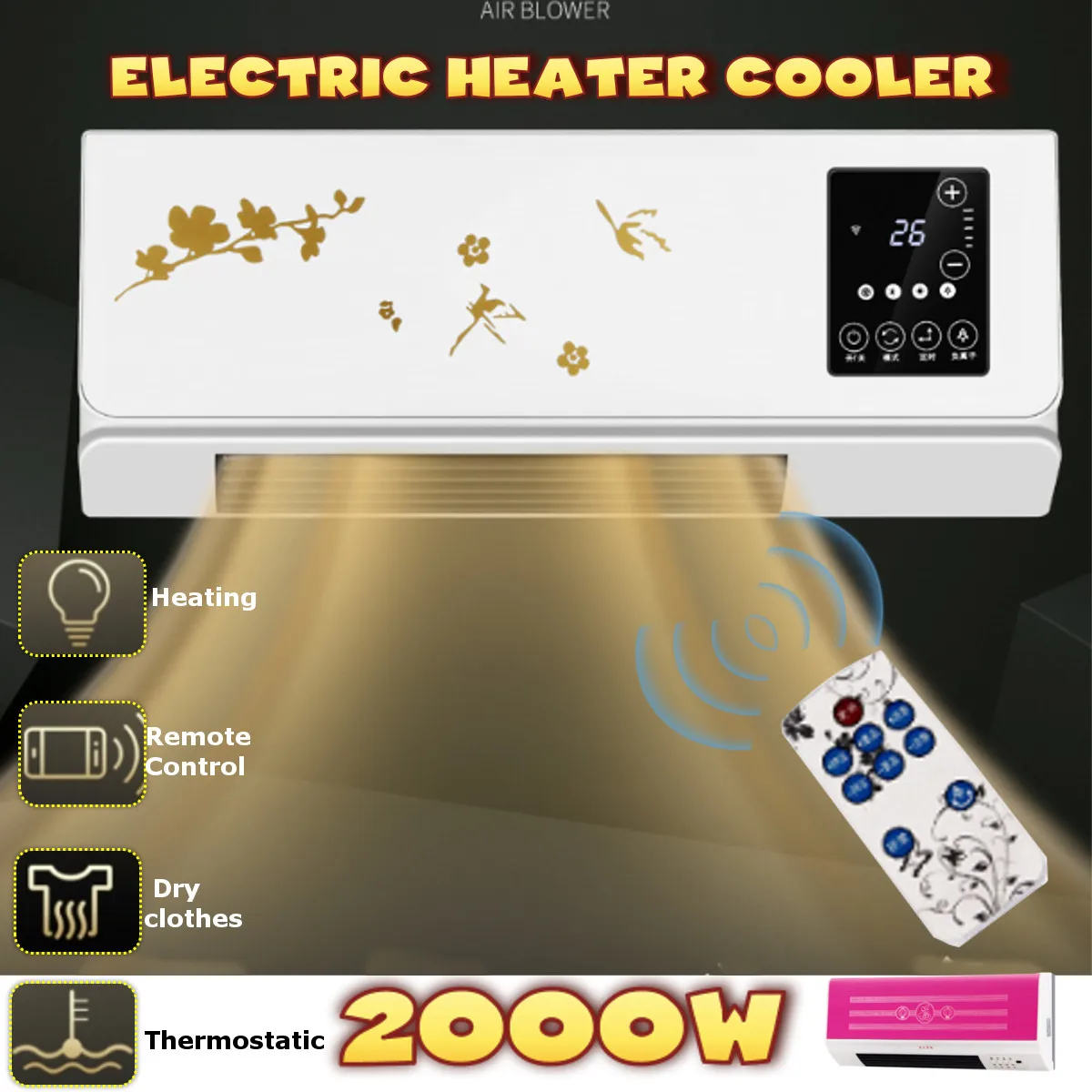 

Waterproof Wall-Mounted Electric Heater Remote Control Air Conditioning Machine Warm Heat Energy Saving Timing 3 Gear 2000W 220V