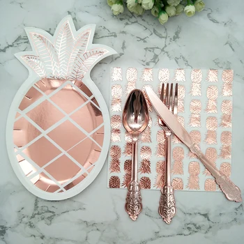 

16 Sets Rose Gold Pineapple Tableware Sets Baby Shower Birthday Dinner Paper Plate Dishes Napkin Cutlery for Wedding Engagement