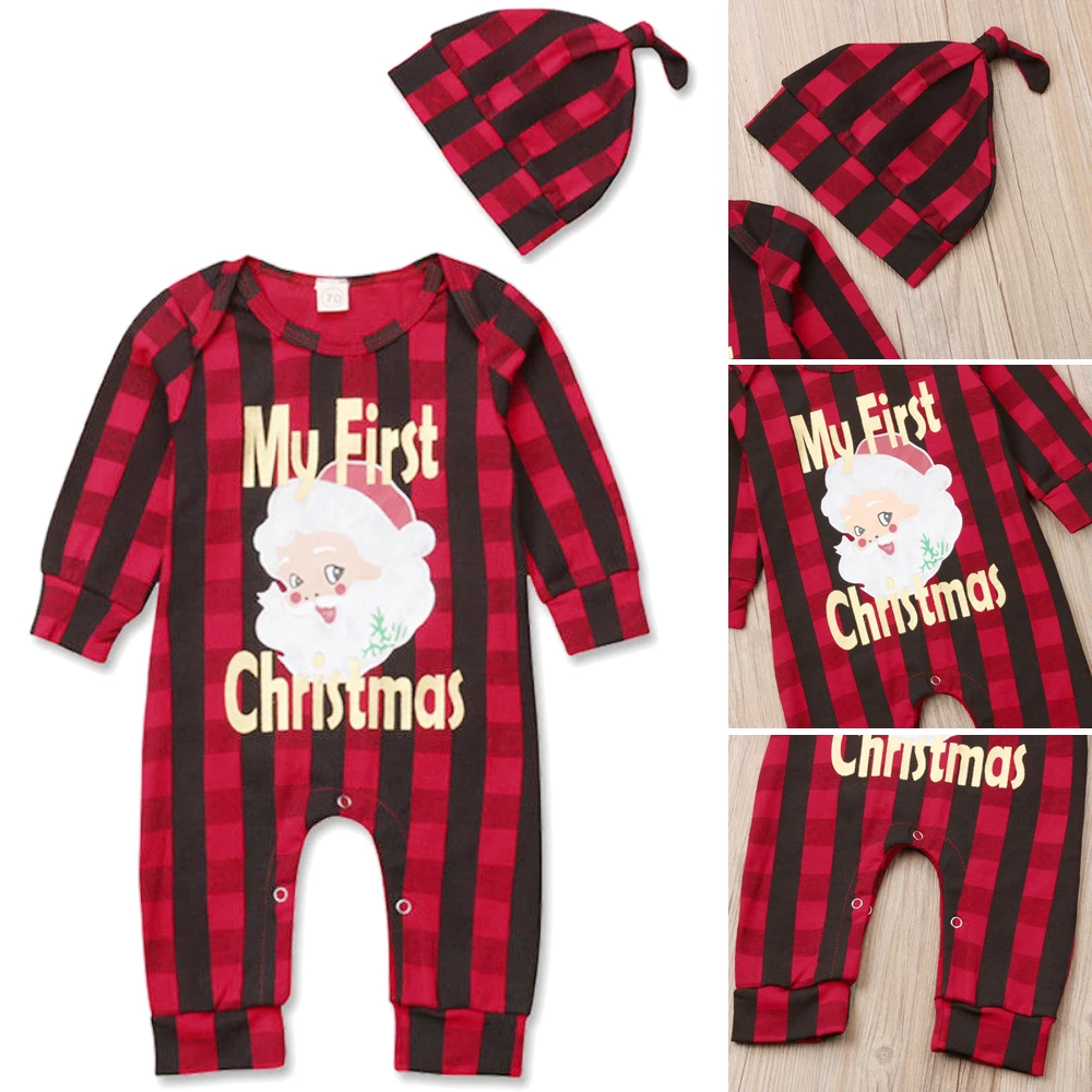 Комбинезон для малышей Рождественский комплект из 2 предметов для новорожденных мальчиков и девочек, одежда для первого Рождества топы с Санта Клаусом, хлопковые комбинезоны с шапочкой