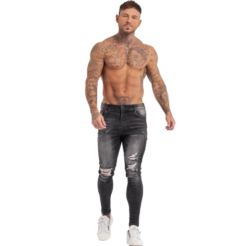 GINGTTO Men's Skinny Jeans Stretch Repaired Jeans Gery Hip Hop Distressed Super Skinny Slim Fit Ripped Pants Streetwear Big Size