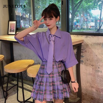 

JuneLove Lovely Purple Shirt Women With Bow Tie Casual Batwing Sleeve Loose Summer Lapel Solid Top Shirt Blouse 2pieces Sets