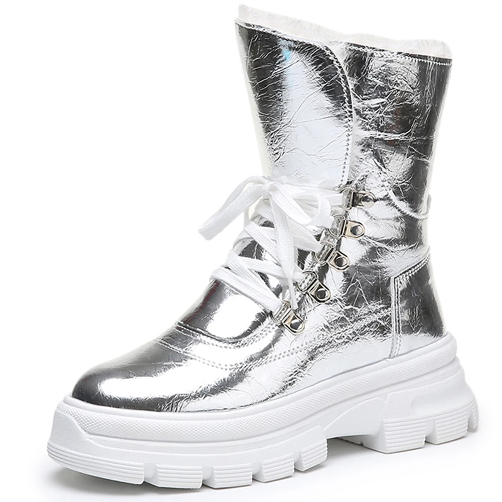 DORATASIA/Новые брендовые ботинки с металлическим мехом; женские зимние теплые ботильоны с высоким берцем; женская обувь из лакированной искусственной кожи на платформе; коллекция года - Цвет: Серебристый