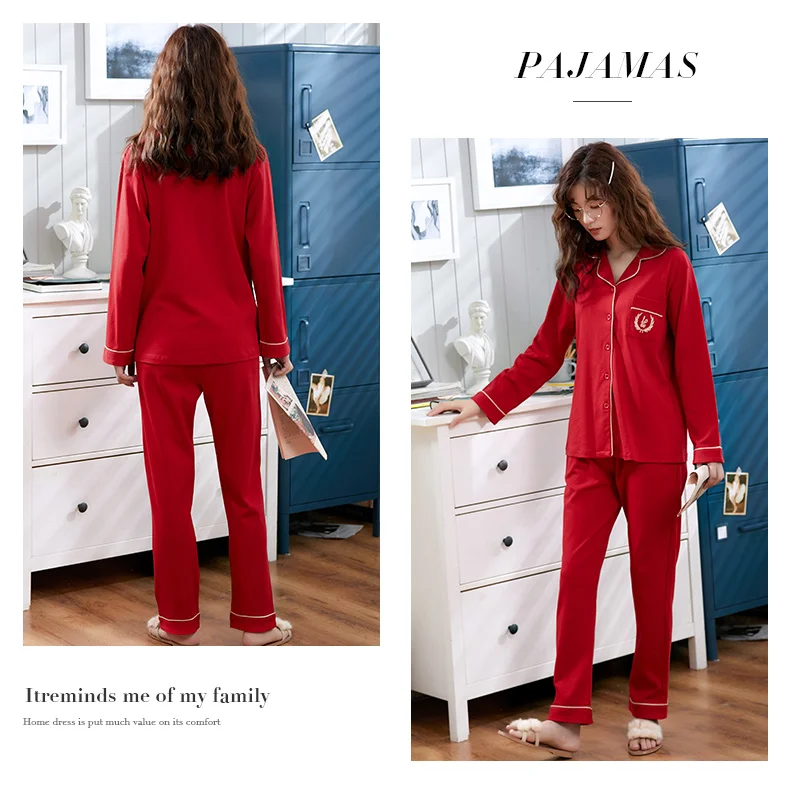 Красные хлопковые Пижамные комплекты с длинными рукавами для женщин пижамы для девочек осень хлопок плюс размер Femme Свадебная домашняя Ночная одежда для сна