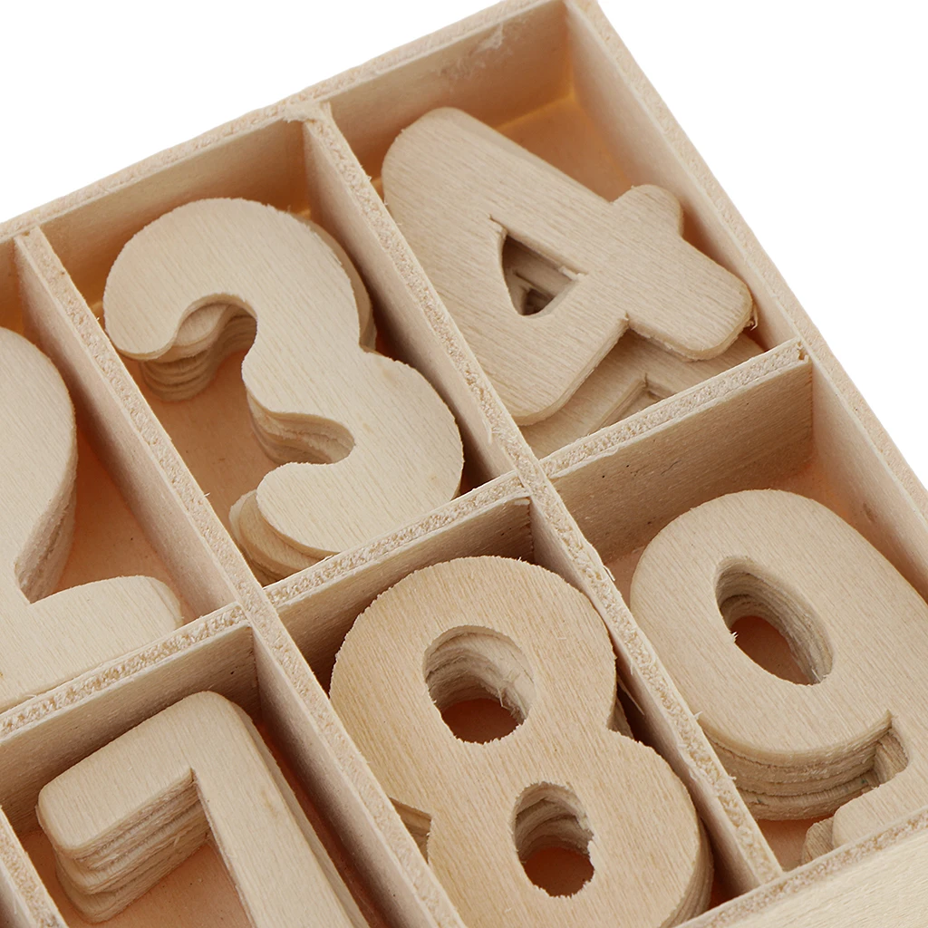 

60 Piece Set Wooden Numbers - Wooden Craft Numbers with Storage Tray - Unpainted Wood Arabic Numbers Kids Learning