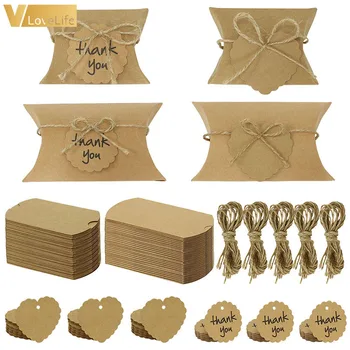 

100pcs Wedding Gift Boxes With Ribbon And Thank You Tags Mini Pillow Shape Kraft Paper Candy Box For Home Party Supplies