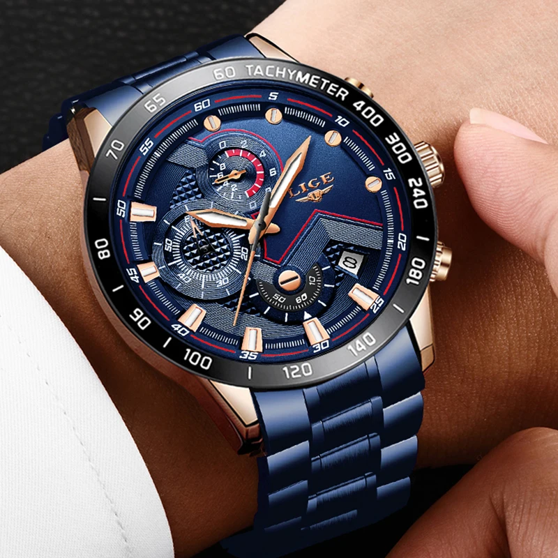 Online Relojes LIGE de moda de negocios azules para hombre reloj de lujo de marca Superior Militar Masculino todo acero resistente al agua reloj de cuarzo reloj Masculino