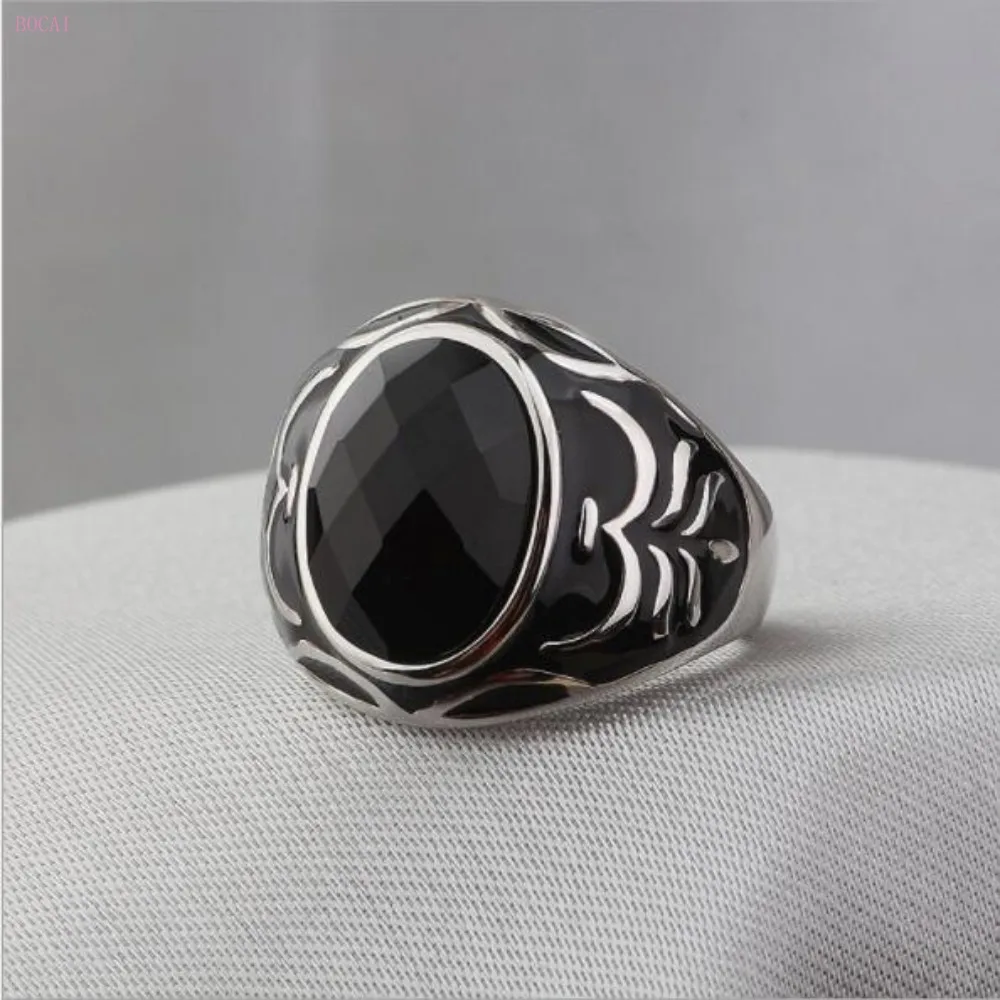 

S925 pure silver ring for men Black stone Ring men's thai silver cut stone inlaid drop glue exaggerated adjustable ring for men