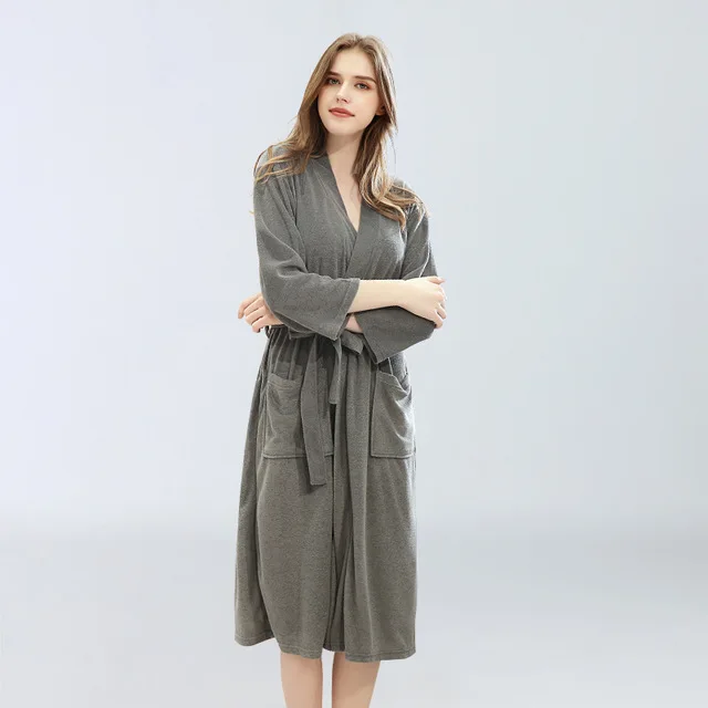 Свободная Домашняя одежда для пар, Повседневная летняя тонкая ночная рубашка, однотонная махровая ткань, Robe100% хлопок, халат, мягкая вентиляция, банный халат - Цвет: gray women