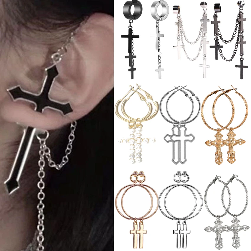 Pendientes con colgante de Cruz para mujer y hombre, pendientes de aro con cadena gótica Vintage a la moda, pendientes inusuales, joyería Punk para fiesta