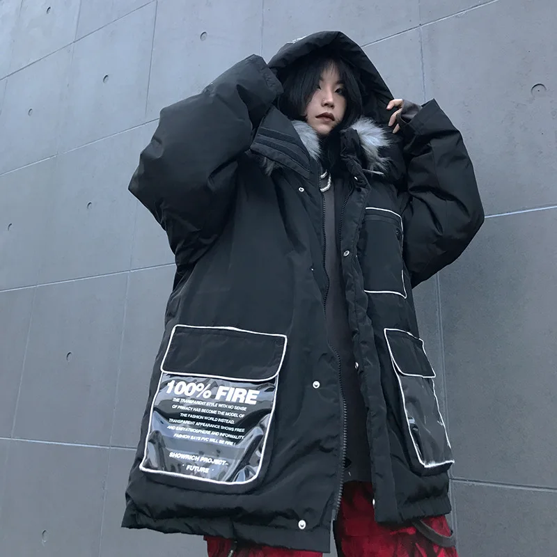 Great Value Hip Hop Fur Collar Parkas Men Women Streetwear Thick Winter Loose Padded Jacket Coat Warm Outwear Couples Blue Red DG536