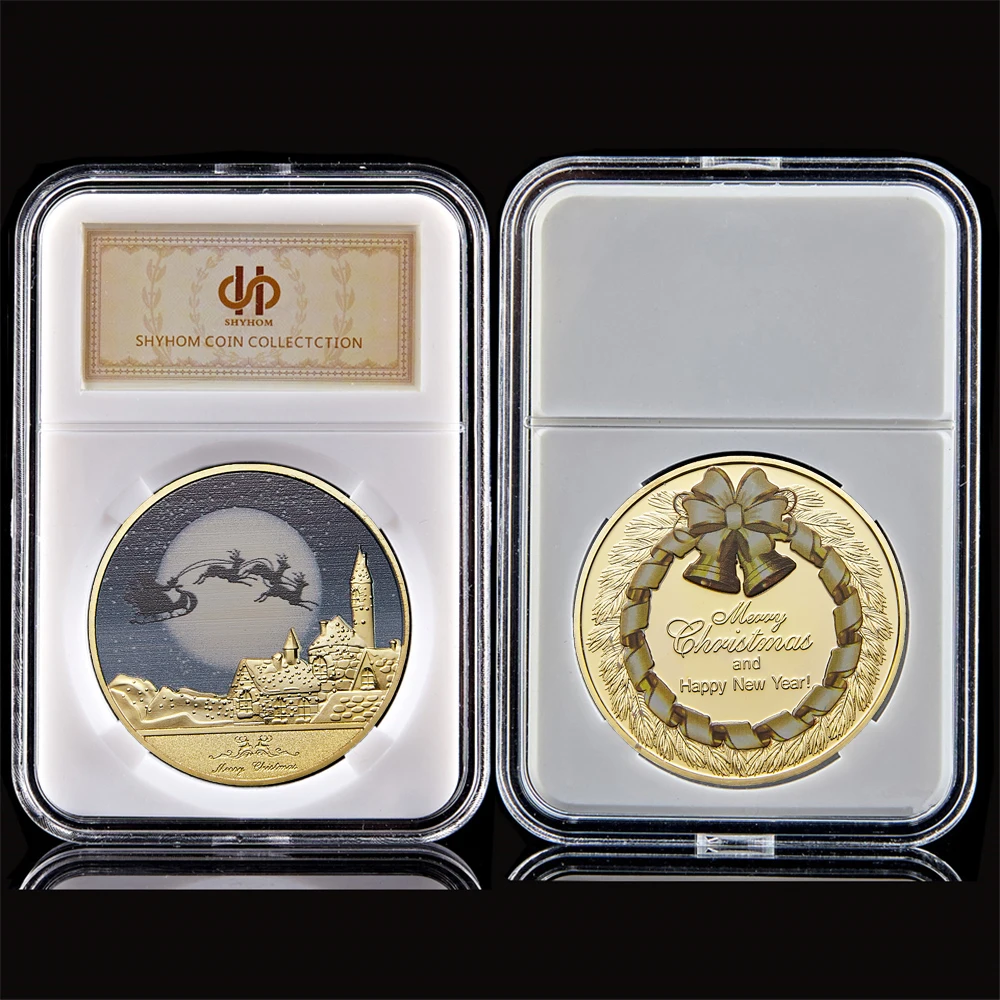 

Merry Christmas Commemorative Coins 1.57" *0.12" With Round Box Festival Deer Present Gifts Souvenir Coin