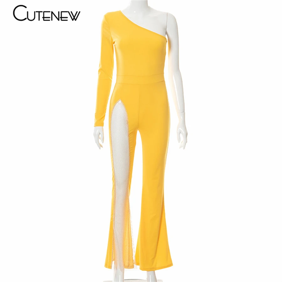 Sexy Mesh Patchwork One Shoulder Playsuits Women Elegant Solid Skinny Flare Pants Jumpsuit Fashion Lady Party Streetwear 10 Sexy Mesh Patchwork One Shoulder Playsuits Women Elegant Solid Skinny Flare Pants Jumpsuit Fashion Lady Party Streetwear