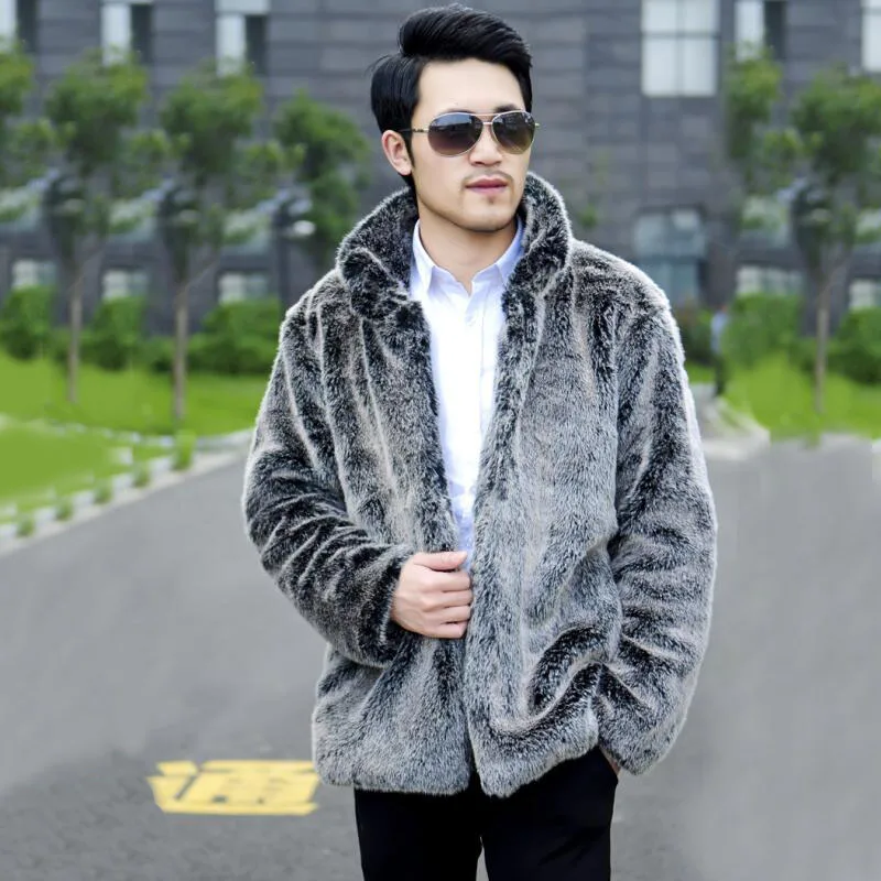 2019 Men Winter Furry Faux Fur Coat Light Gray Luxurious Mandarin Collar Jacket Fox Coats Casaco Plus Size Clothing | Мужская одежда