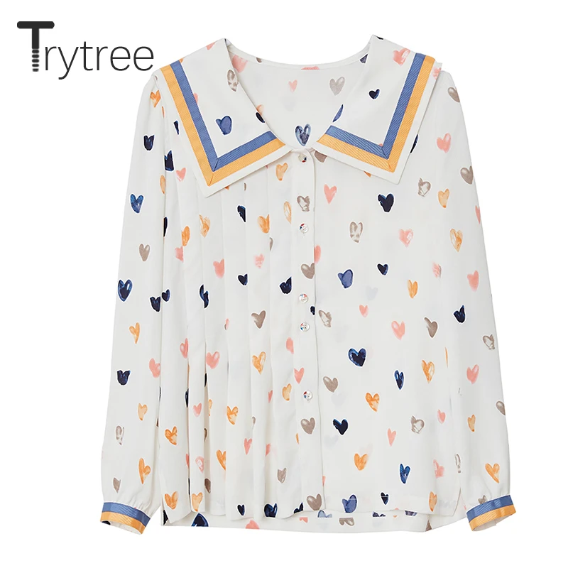 Ttytree/ Осенние повседневные блузки для женщин, полиэстер, воротник Питер Пэн, с принтом, милые однобортные плиссированные офисные женские топы, блузка