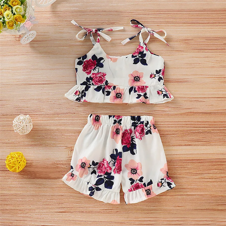 Children's sleeveless flower sling pleated top shorts suit  baby Kid girl sleeveless floral ruffle Vest tops+shorts outfits 40A1 (2)