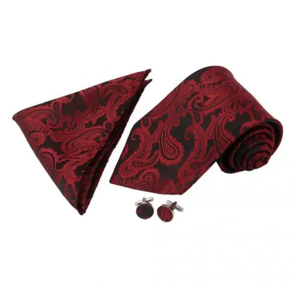 

Mens Jacquard Neck Tie Hanky Cufflinks Set Wedding Neckwear Burgundy