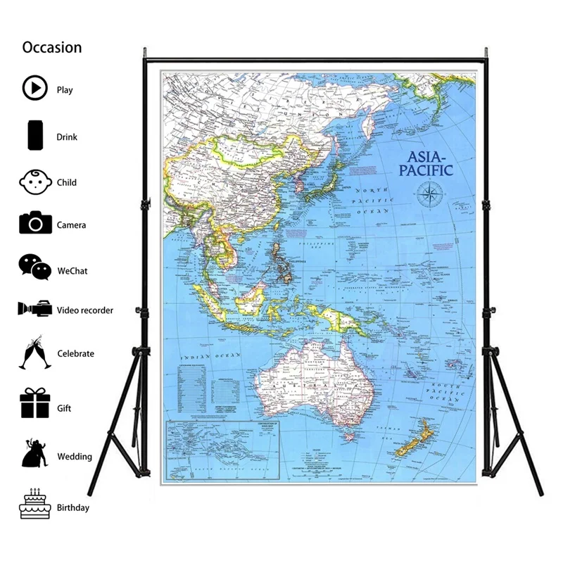 

100x150cm Non-woven Spray Painting Map of Asia Pacific Supplement In November 1989 Retro World Map for Living Room Wall Decor
