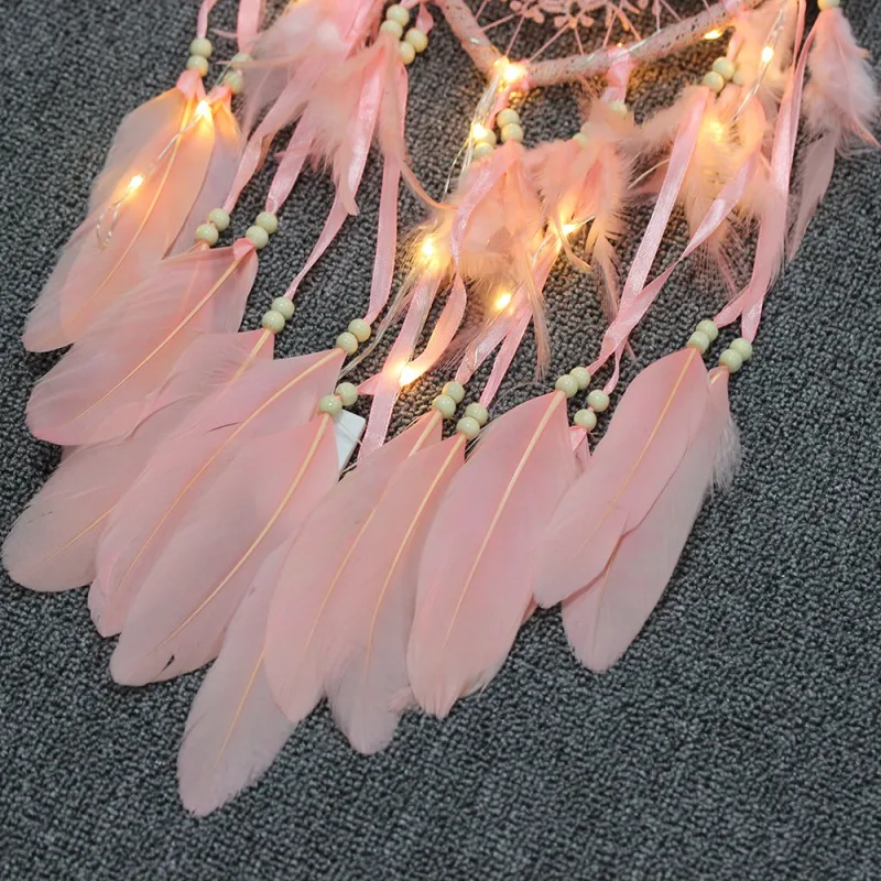 Светодиодный подвесной светильник ручной работы в стиле «Ловец снов» с перьями и надписью «Wind Chimes», Настенный декор, украшение для дома, декор для спальни