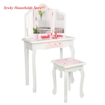 

Wooden Toy Children's Dressing Table Three Foldable Mirror/Chair/Single Drawer Pink Star Style