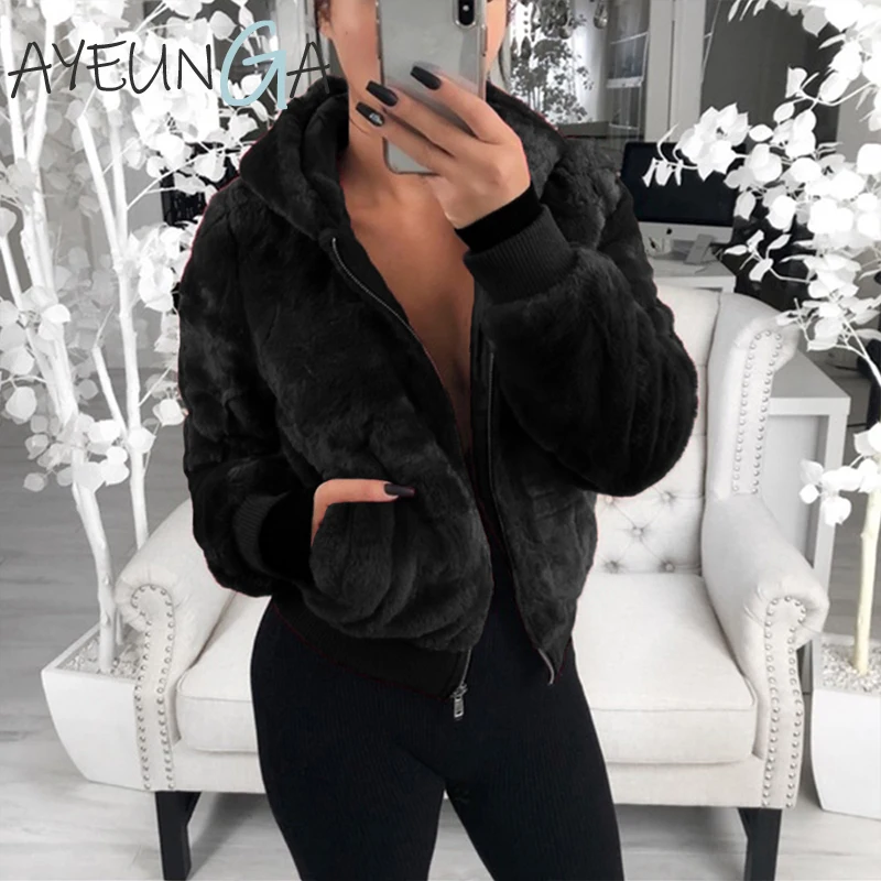 

Elegant Faux Fur Winter Jacket Women Fashion Autumn Warm Zipper Female Jacket Casual Plush Solid Hoodie Coat Female Outerwear