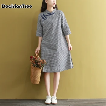 

2020 Chinese Dress vintage chinese cheongsam qipao female cheongsam lattice print cotton linen cheongsam dress Improved qi pao