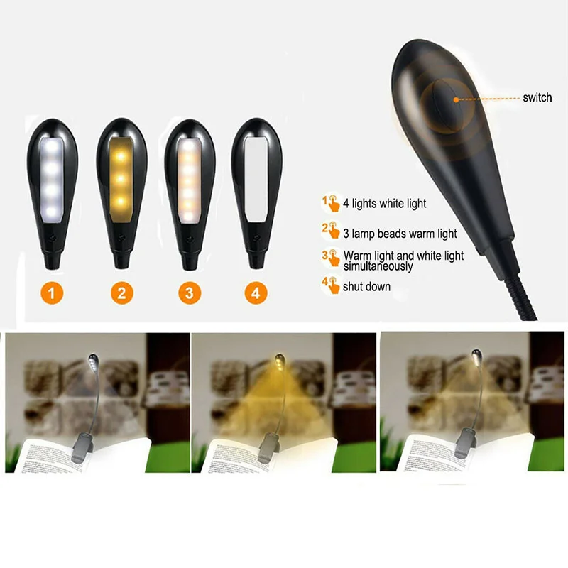Светильник музыкальный гибкий портативный с клипсой лампа для чтения и 7
