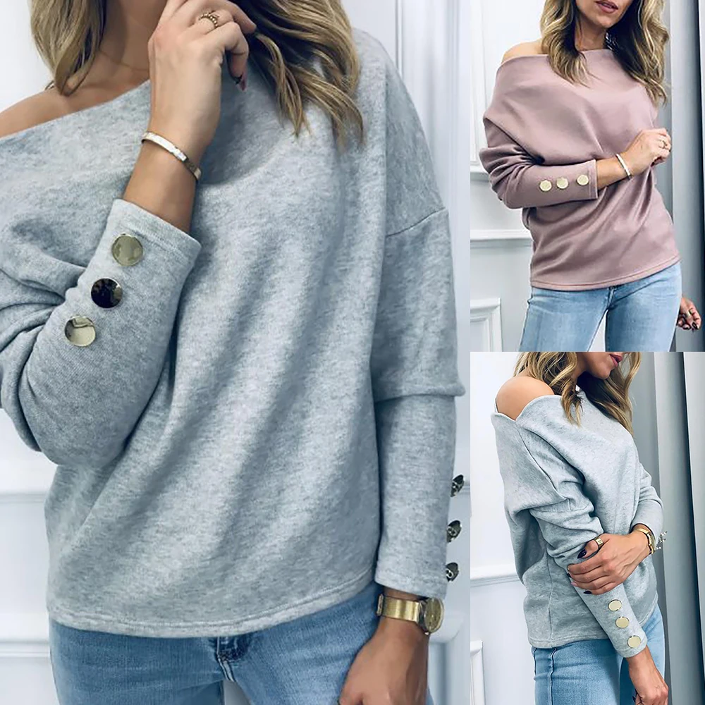 

Fall Clothing Sexy Off Shoulder Solid Color Gray Rivet Batwing Sleeve Women Tshirt Sexy Tops and Shirt Women Clothing
