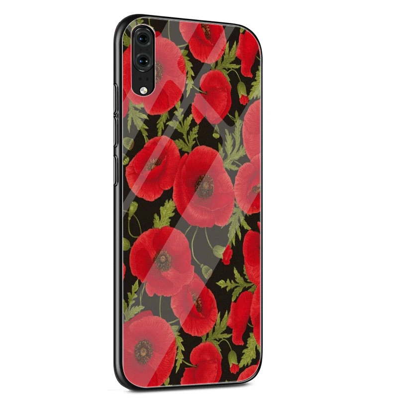 Стеклянный Чехол для мобильного телефона huawei P30 P20 P Smart P10 Y6 7A Y9 Honor 8X9 10 mate 20 Pro Lite с красными маками на черном стиле