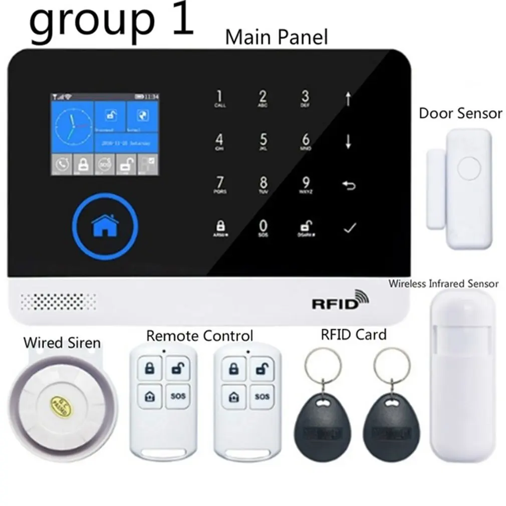 

WIFI GSM GPRS Alarm system APP Remote Control RFID card Arm Disarm with color screen SOS button Languages switchable