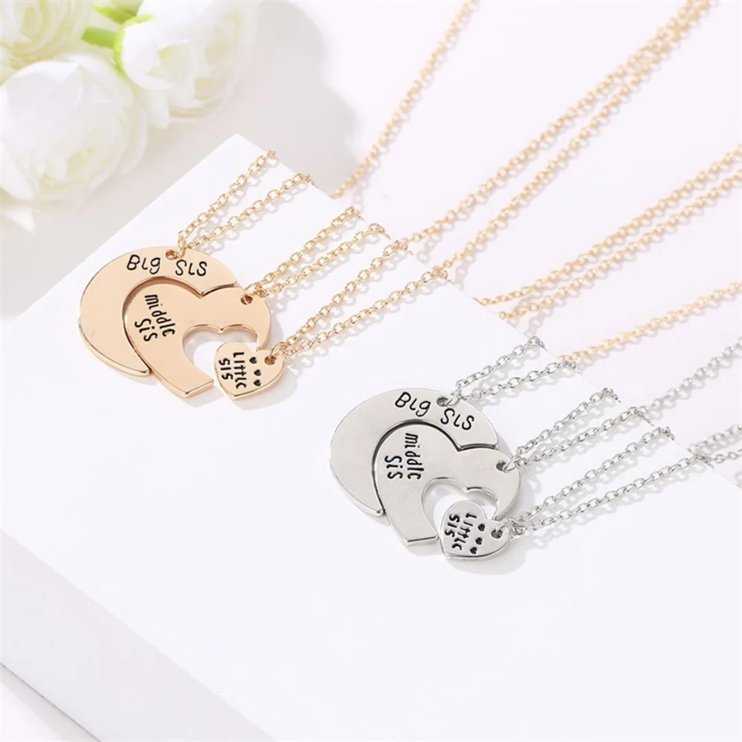 3pcs Fashion Moon Heart Necklace Pendant Statement Women Big Middle Little Sister Heart Family Love Friendship Necklace Jewelry