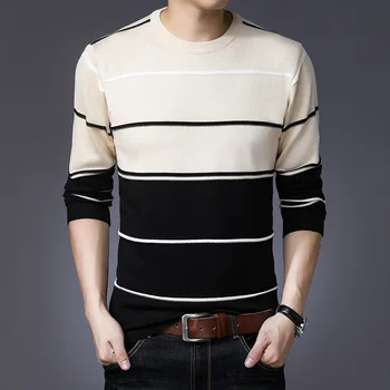 

HOO 2019 new men sweater qiu dong young fashionable stripe knitting base sweater