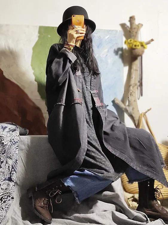 Women Autumn Long Denim Coat Vintage Trench Outerwear Ladies 2020 Spring Topcoat Female Patchwork | Женская одежда