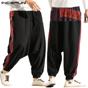 

INCERUN 2020 Men Harem Pants Joggers Printed Patchwork Streetwear Cotton Loose Casual Drop-crotch Pants Men Trousers Plus Size