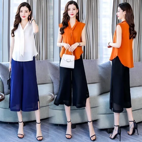 

2019 New Style Two-Piece Set WOMEN'S Suit Sleeveless Solid Color Suit Collar Loose-Fit Chiffon Shirt Lace Joint Loose Pants